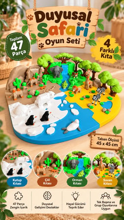Duyusal Safari Oyun Seti 47 Parça 4 Kıta Hayvan Figürlü Montessori Eğitici Oyun 45x45 cm