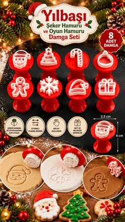 Yılbaşı Temalı Hamur Damga Seti 8li Noel Baba Kar Tanesi Kurabiye Oyun Hamuru Kil Baskı Kalıbı