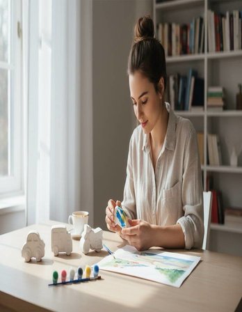Taş Tozundan El Yapımı Araçlar Boyama Seti – 6 Renk Boya & Fırça  Çocuk Boyama Seti