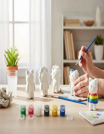 Taş Tozu Kedi Figürü Boyama Seti – 5 Adet  6 Renk Boya & Fırça (4×7 cm)
