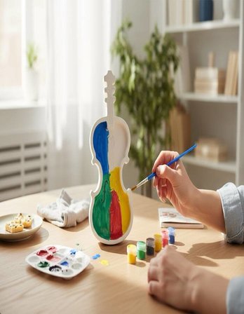 Taş Tozu Keman Boyama Seti – 6 Renk Boya ve Fırça  Dekoratif Hobi Ürünü (19 cm)