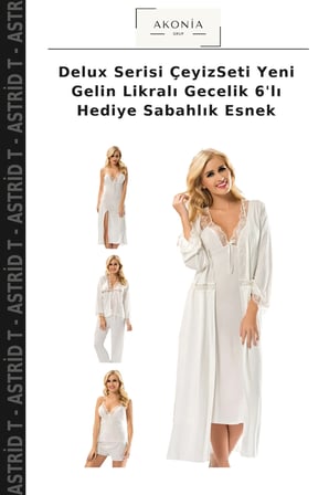 Delux Serisi ÇeyizSeti Yeni Gelin Likralı Gecelik 6'lı Hediye Sabahlık Esnek