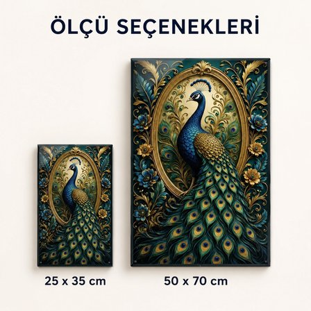 Tavus Kuşu Desenli Dekoratif Cam Tablo Lacivert Turkuaz Gold