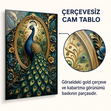 Tavus Kuşu Desenli Dekoratif Cam Tablo Lacivert Turkuaz Gold