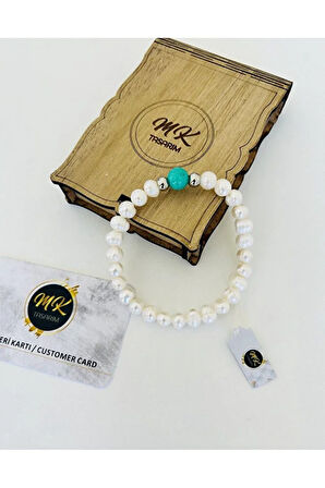 GERÇEK İNCİ -TURKUAZ TAŞI BİLEKLİK | ÖZEL KUTUSUNDA | MÜŞTERİ KARTLI MK.010.002