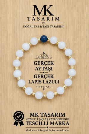 MK TASARIM GERÇEK AYTAŞI GERÇEK LAPİS LAZULİ BİLEKLİK MK.7000.833- RAHATLIK-DİNGİNLİK-ENERJİ- STRES BİLEKLİĞİ