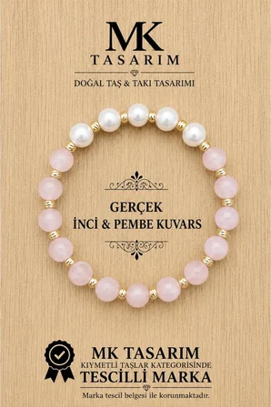 MK TASARIM GERÇEK İNCİ GERÇEK PEMBE KUVARS BİLEKLİK MK.7000.837- RAHATLIK-DİNGİNLİK-ENERJİ- STRES BİLEKLİĞİ