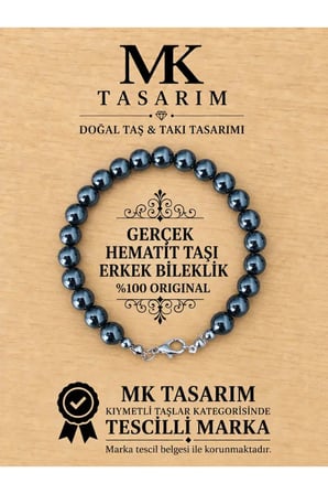 MK TASARIM GERÇEK HEMATİT TAŞI ERKEK BİLEKLİK MK.8000.011 - RAHATLIK-DİNGİNLİK-ENERJİ- STRES BİLEKLİĞİ-RENKLERİ BOYA DEĞİLDİR -KENDİ RENGİDİR
