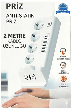 Akım Korumalı Kablosuz Şarjlı Masaüstü Priz | 4 Priz, 4 Usb, 2 Type-c