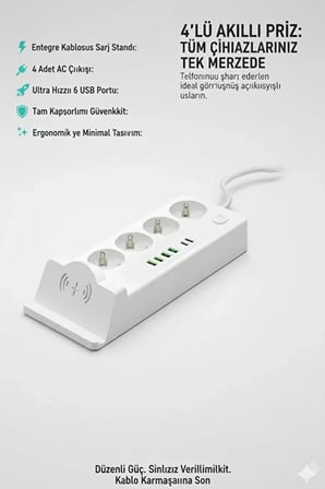Akım Korumalı Kablosuz Şarjlı Masaüstü Priz | 4 Priz, 4 Usb, 2 Type-c