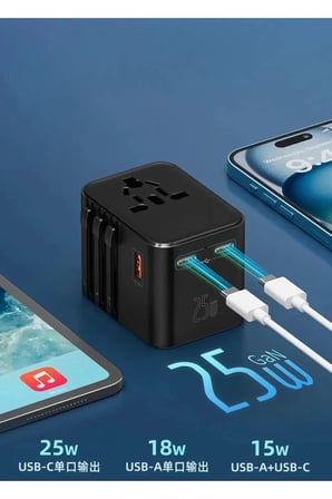 25w Evrensel Seyahat Adaptörü, Eu/us/uk/au Priz Dönüştürücü, 1x Usb, 2x Type-c Hızlı Şarj