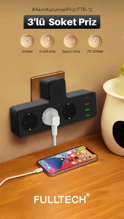 Vothoon Ftr-12 Termal Akım Korumalı Isıya Dayanıklı 3’lü Priz 3x Usb 1x Type-c