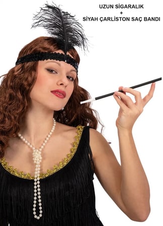 1920'ler Gatsby Aksesuar Seti – Siyah Charleston Saç Bandı & Sigaralık