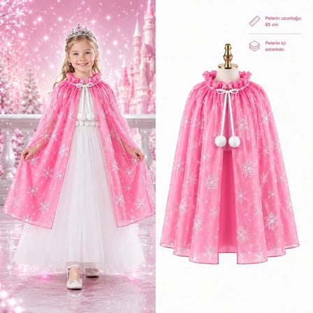 Kar Tanesi Desenli Pembe Elsa Pelerini - Astarlı Frozen Pelerini 85 Cm