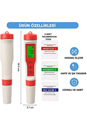 Ph Metre Tds Metre Sıcaklık Ec Ölçer 4ü 1 Arada Ölçüm Cihaz