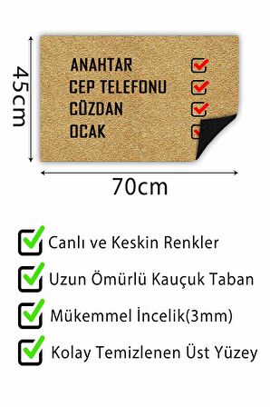 Hatırlatıcı Kapı Önü Paspası Dekoratif Kapı Paspası Dış Mekân Paspas Ev İçi Paspası 45x70cm