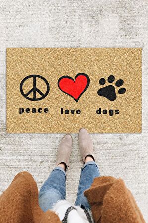 Peace Love Dog Kapı Önü Paspası Dekoratif Kapı Paspası Dış Mekân Paspas Ev İçi Paspası 45x70cm