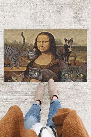 Mona Lisa ve Kedileri Kapı Önü Paspası Dekoratif Kapı Paspası Dış Mekân Paspas Ev İçi Paspası 45x70cm