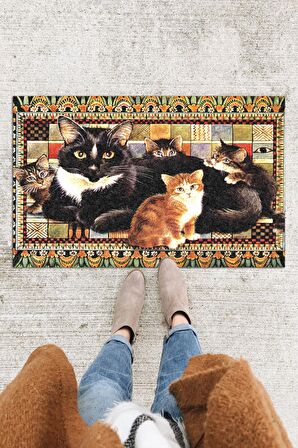 Tablo Kediler Kapı Önü Paspası Dekoratif Kapı Paspası Dış Mekân Paspas Ev İçi Paspası 45x70cm