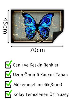 Mavi Kelebek Kapı Önü Paspası Dekoratif Kapı Paspası Dış Mekân Paspas Ev İçi Paspası 45x70cm