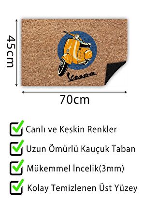 Vespa Kapı Önü Paspası Dekoratif Kapı Paspası Dış Mekân Paspas Ev İçi Paspası 45x70cm