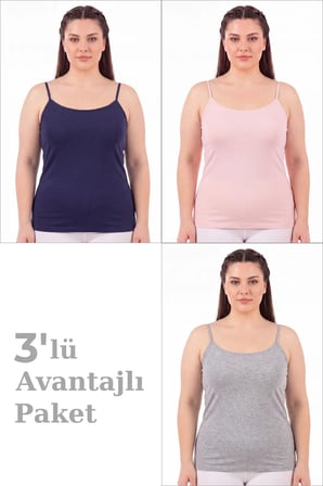 Delux Serisi Kadın Büyük Beden İp Askılı Atlet 3'lü Paket Likralı Vücut