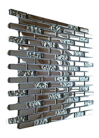 Mutfak tezgah arası ve iç mekan kaplama ve dekorasyon uygulamaları için, 15x48mm. Gümüş Krom, 30x30cm. Fileli Kristal Mozaik.