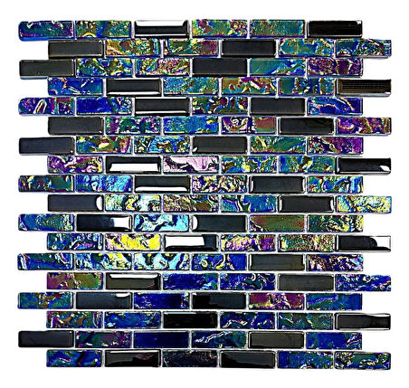 Mutfak tezgah arası, Havuz, Banyo, Sauna, Spa, iç ve dış kaplama ve dekorasyon uygulamalarında tüm yüzeyler için, 15x48mm. Lüster Black-Lüster Blue Mix. 30x30cm. Fileli Kristal Cam Mozaik.