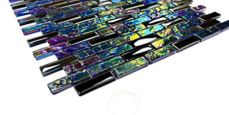 Mutfak tezgah arası, Havuz, Banyo, Sauna, Spa, iç ve dış kaplama ve dekorasyon uygulamalarında tüm yüzeyler için, 15x48mm. Lüster Black-Lüster Blue Mix. 30x30cm. Fileli Kristal Cam Mozaik.