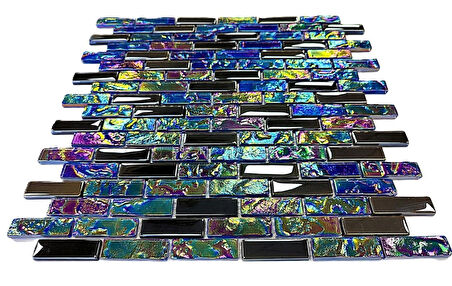 Mutfak tezgah arası, Havuz, Banyo, Sauna, Spa, iç ve dış kaplama ve dekorasyon uygulamalarında tüm yüzeyler için, 15x48mm. Lüster Black-Lüster Blue Mix. 30x30cm. Fileli Kristal Cam Mozaik.