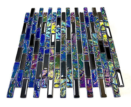 Mutfak tezgah arası, Havuz, Banyo, Sauna, Spa, iç ve dış kaplama ve dekorasyon uygulamalarında tüm yüzeyler için, 15x48mm. Lüster Black-Lüster Blue Mix. 30x30cm. Fileli Kristal Cam Mozaik.