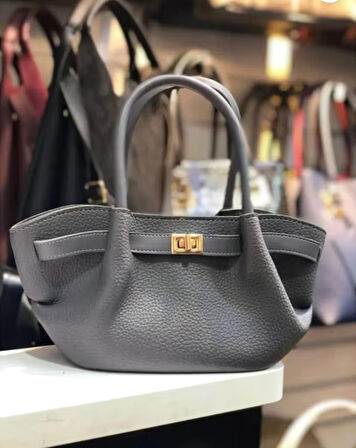  Kilit Detaylı Büzgülü Gri Mini Kadın El ve Omuz Çantası