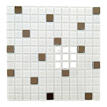 Mutfak tezgah arası ve iç mekan kaplama ve dekorasyon uygulamalarında tüm yüzeyler için, 23x23mm. Beyaz-Gümüş Krom Mix. 30x30cm. Fileli Kristal Mozaik.