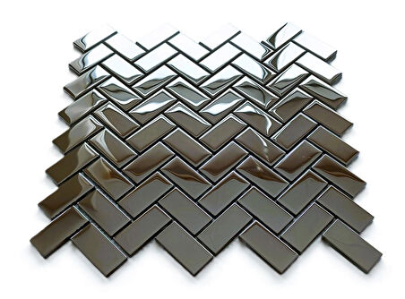 Mutfak tezgah arası ve iç mekan kaplama ve dekorasyon uygulamaları için, 23x48mm. Herringbone dizgili Gümüş Krom, 30x30cm. Fileli Kristal Mozaik.
