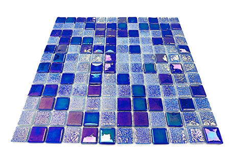 Havuz, Banyo, Sauna, Spa, iç , dış, zemin, duvar, kaplama ve dekorasyon uygulamalarında tüm yüzeyler için, 25x25mm. Lüster Blue, 31.5x31.5cm. Fileli Cam Mozaik.