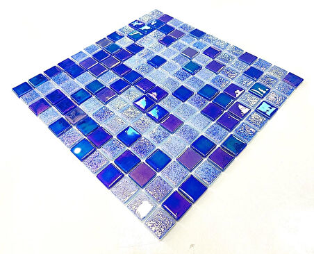 Havuz, Banyo, Sauna, Spa, iç , dış, zemin, duvar, kaplama ve dekorasyon uygulamalarında tüm yüzeyler için, 25x25mm. Lüster Blue, 31.5x31.5cm. Fileli Cam Mozaik.
