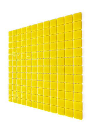 Mutfak tezgah arası, Havuz, Banyo, Sauna, Spa, iç , dış, zemin, duvar, kaplama ve dekorasyon uygulamalarında tüm yüzeyler için, 25x25mm. Canlı Sarı, 31.5x31.5cm. Fileli Cam Mozaik.