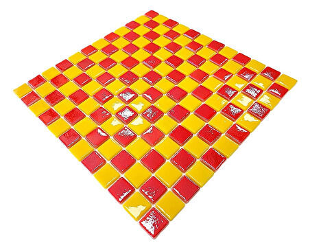 Mutfak tezgah arası, Havuz, Banyo, Sauna, Spa, iç , dış, zemin, duvar, kaplama ve dekorasyon uygulamalarında tüm yüzeyler için, 25x25mm. Sarı-Kırmızı, Damalı, 31.5x31.5cm. Fileli Cam Mozaik.