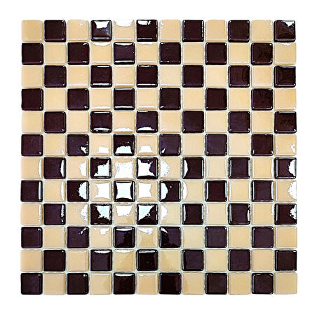 Mutfak tezgah arası, Havuz, Banyo, Sauna, Spa, iç , dış, zemin, duvar, kaplama ve dekorasyon uygulamalarında tüm yüzeyler için, 25x25mm. Krem-Kahve, Damalı, 31.5x31.5cm. Fileli Cam Mozaik.