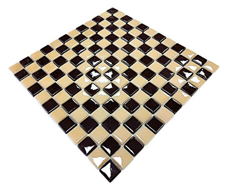 Mutfak tezgah arası, Havuz, Banyo, Sauna, Spa, iç , dış, zemin, duvar, kaplama ve dekorasyon uygulamalarında tüm yüzeyler için, 25x25mm. Krem-Kahve, Damalı, 31.5x31.5cm. Fileli Cam Mozaik.
