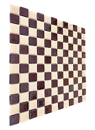 Mutfak tezgah arası, Havuz, Banyo, Sauna, Spa, iç , dış, zemin, duvar, kaplama ve dekorasyon uygulamalarında tüm yüzeyler için, 25x25mm. Krem-Kahve, Damalı, 31.5x31.5cm. Fileli Cam Mozaik.