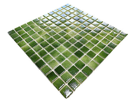 Mutfak tezgah arası, Havuz, Banyo, Sauna, Spa, iç , dış, zemin, duvar, kaplama ve dekorasyon uygulamalarında tüm yüzeyler için, 25x25mm. P. Yeşil,  ( Çimen Yeşili ) 31.5x31.5cm. Fileli Cam Mozaik.