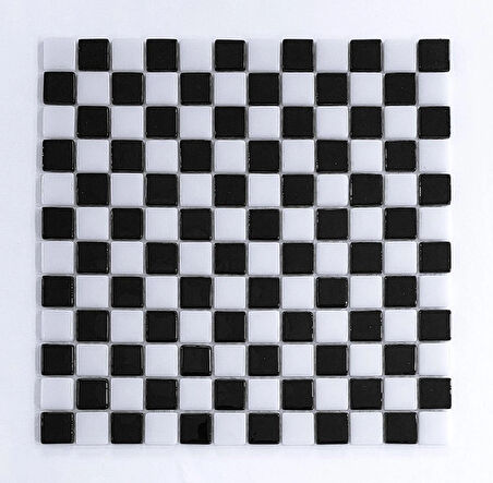 Mutfak tezgah arası, Havuz, Banyo, Sauna, Spa, iç , dış, zemin, duvar, kaplama ve dekorasyon uygulamalarında tüm yüzeyler için, 25x25mm. Siyah-Beyaz, Damalı, 31.5x31.5cm. Fileli Cam Mozaik.