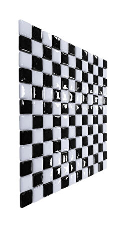Mutfak tezgah arası, Havuz, Banyo, Sauna, Spa, iç , dış, zemin, duvar, kaplama ve dekorasyon uygulamalarında tüm yüzeyler için, 25x25mm. Siyah-Beyaz, Damalı, 31.5x31.5cm. Fileli Cam Mozaik.