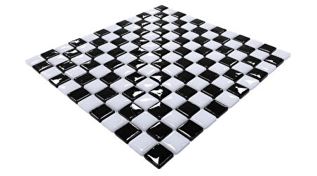 Mutfak tezgah arası, Havuz, Banyo, Sauna, Spa, iç , dış, zemin, duvar, kaplama ve dekorasyon uygulamalarında tüm yüzeyler için, 25x25mm. Siyah-Beyaz, Damalı, 31.5x31.5cm. Fileli Cam Mozaik.