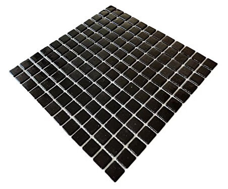 Mutfak tezgah arası, Havuz, Banyo, Sauna, Spa, iç , dış, zemin, duvar, kaplama ve dekorasyon uygulamalarında tüm yüzeyler için, 25x25mm. Siyah, 31.5x31.5cm. Fileli Cam Mozaik.