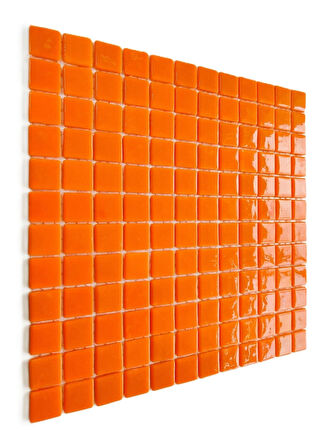 Mutfak tezgah arası, Havuz, Banyo, Sauna, Spa, iç , dış, zemin, duvar, kaplama ve dekorasyon uygulamalarında tüm yüzeyler için, 25x25mm. Turuncu,  31.5x31.5cm. Fileli Cam Mozaik.