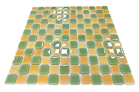Mutfak tezgah arası, Havuz, Banyo, Sauna, Spa, iç , dış, zemin, duvar, kaplama ve dekorasyon uygulamalarında tüm yüzeyler için, 25x25mm. Mint Yeşili-P.Sarı Damalı,  31.5x31.5cm. Fileli Cam Mozaik.