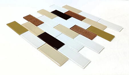 Mutfak tezgah arası ve iç mekan kaplama ve dekorasyon uygulamalarında tüm yüzeyler için, 36x98mm. Beyaz-Krem-Kahve-Taba-Bronz Sim Mix. 30x30cm. Fileli Kristal Mozaik.