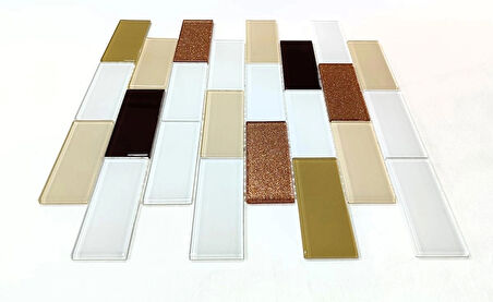 Mutfak tezgah arası ve iç mekan kaplama ve dekorasyon uygulamalarında tüm yüzeyler için, 36x98mm. Beyaz-Krem-Kahve-Taba-Bronz Sim Mix. 30x30cm. Fileli Kristal Mozaik.